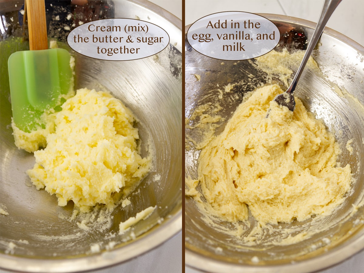 creamed butter and sugar on right and with added egg, milk, and vanilla on left.