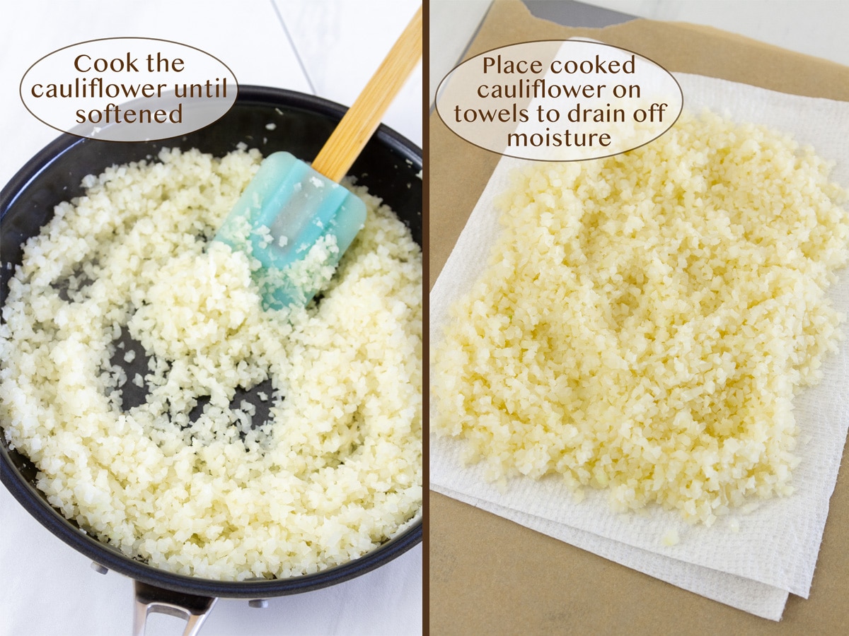 cooking riced cauliflower in a skillet on left and draining it on paper towels on right.