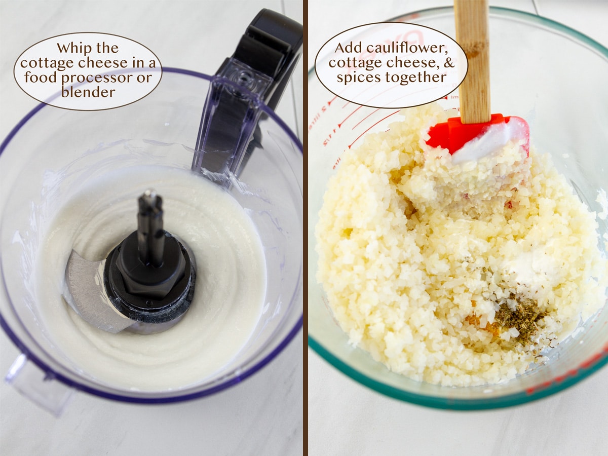 whipped cottage cheese in a food processor on left and added cauliflower and spices on right.