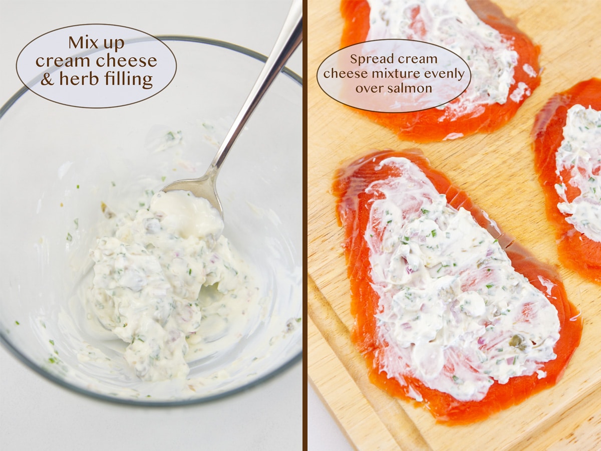 mixing the cream cheese spread on left and spreading it on the salmon on left.
