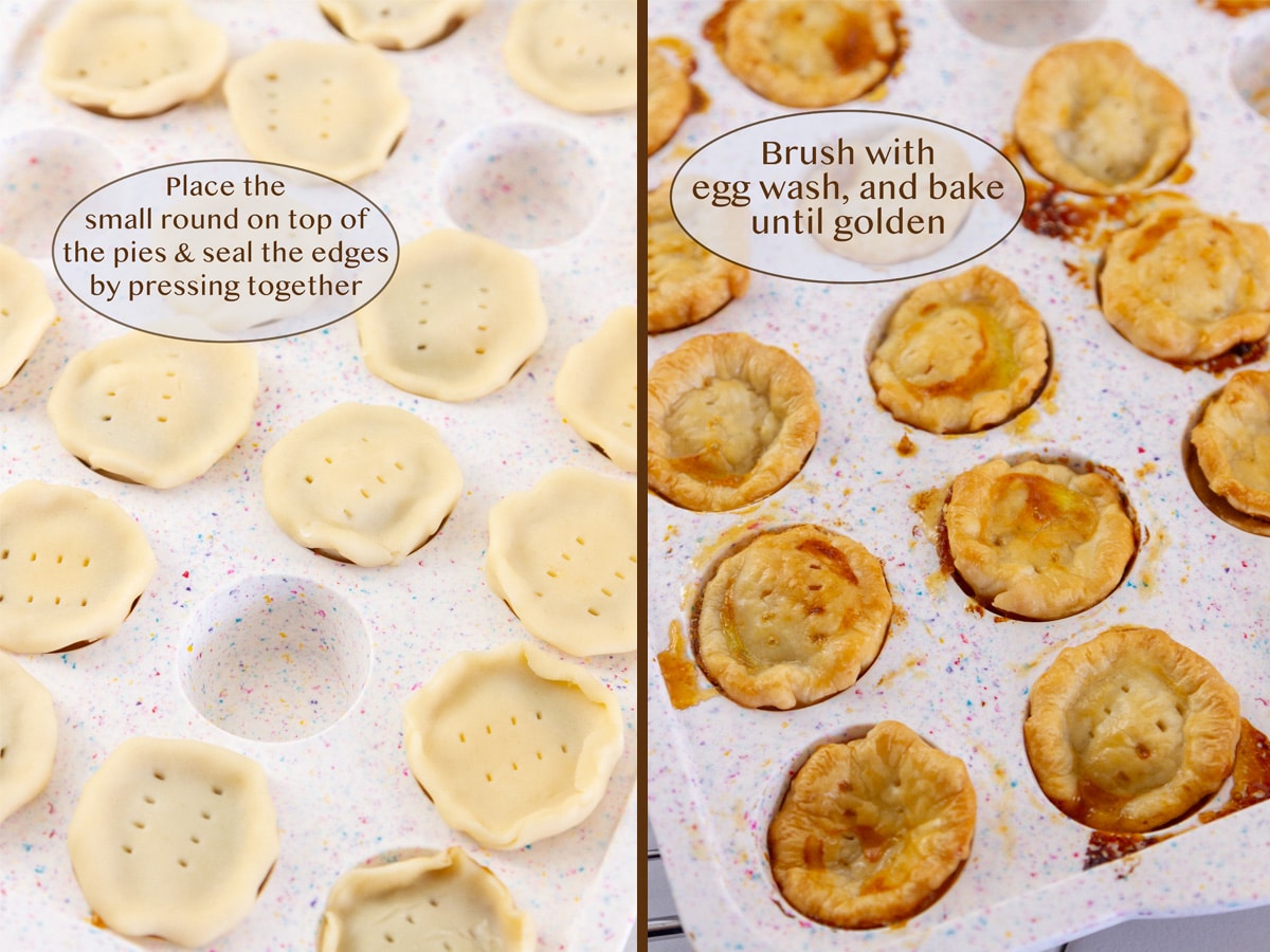 raw mini pies on left and baked in the mini muffin pan on right.