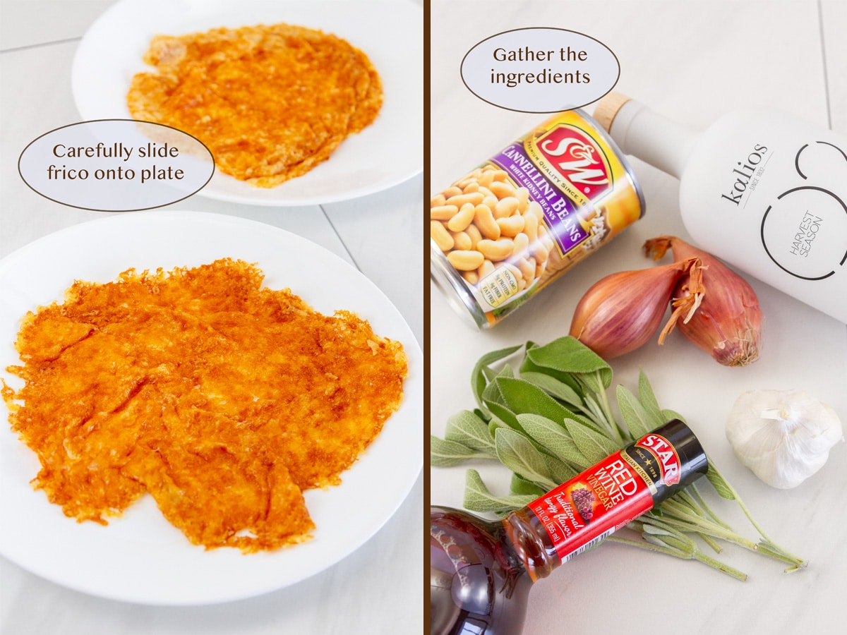 fresh frico (fried cheese crisps) on plate in the left and salad ingredients on the right.