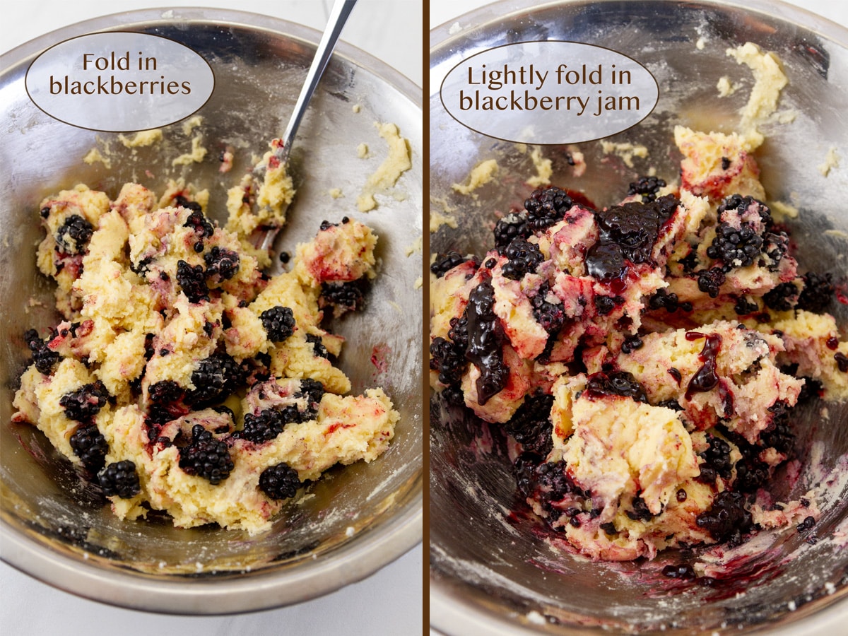 folding blackberries into dough on right and adding jam on left.