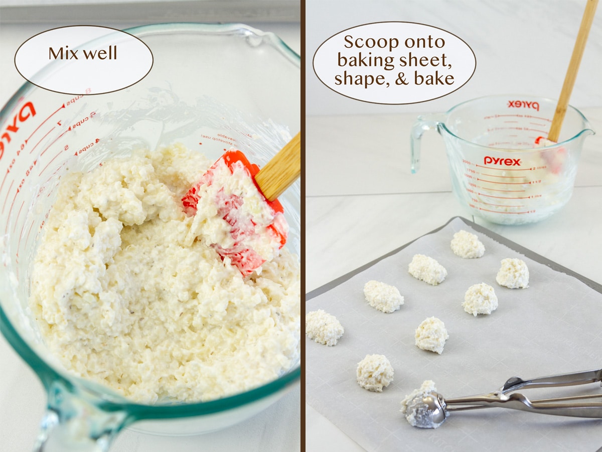 mixing the cottage cheese mixture on left and scooping and shaping the tots on right.