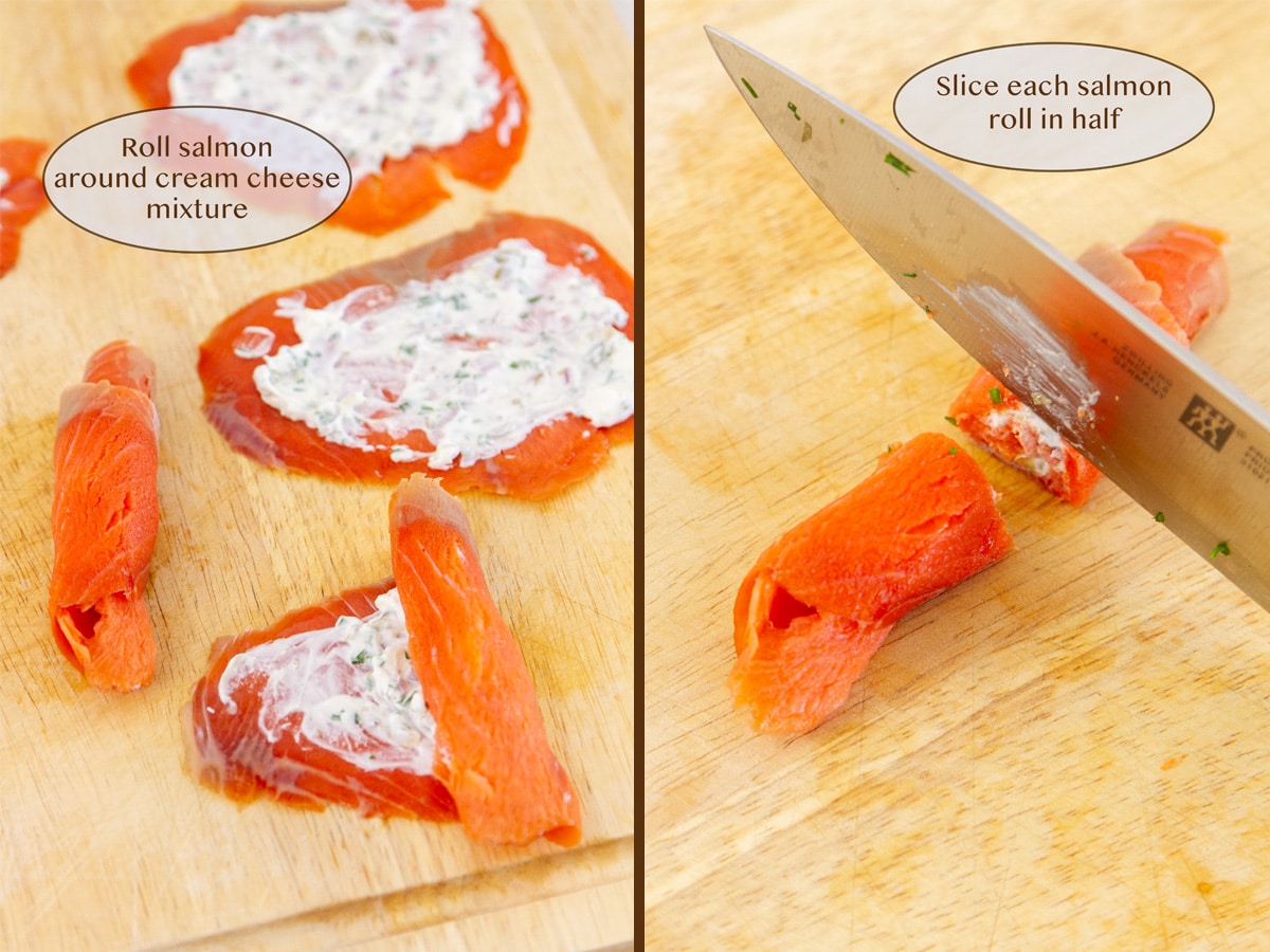 rolling smoked salmon around cream cheese filling on left, and cutting the rolls on right.