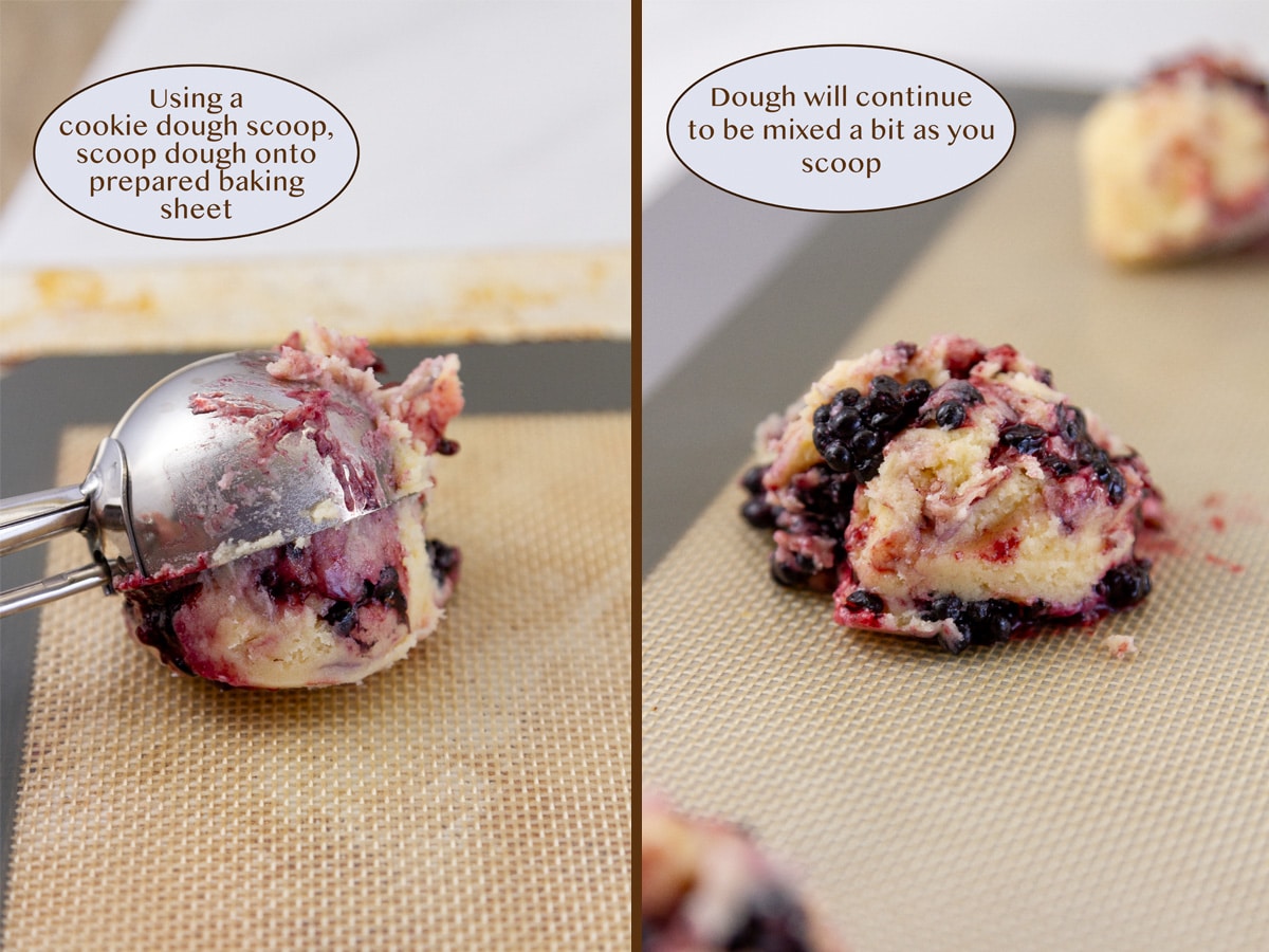 a cookie dough scoop scooping out dough on left, and on right the dough on silicone mat ready to be baked.