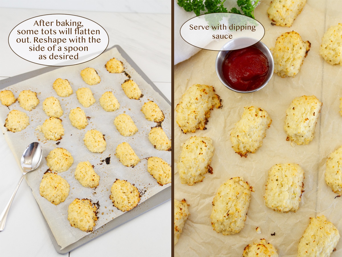 reshaping tots after they have baked on left and serving with dipping sauce on right.