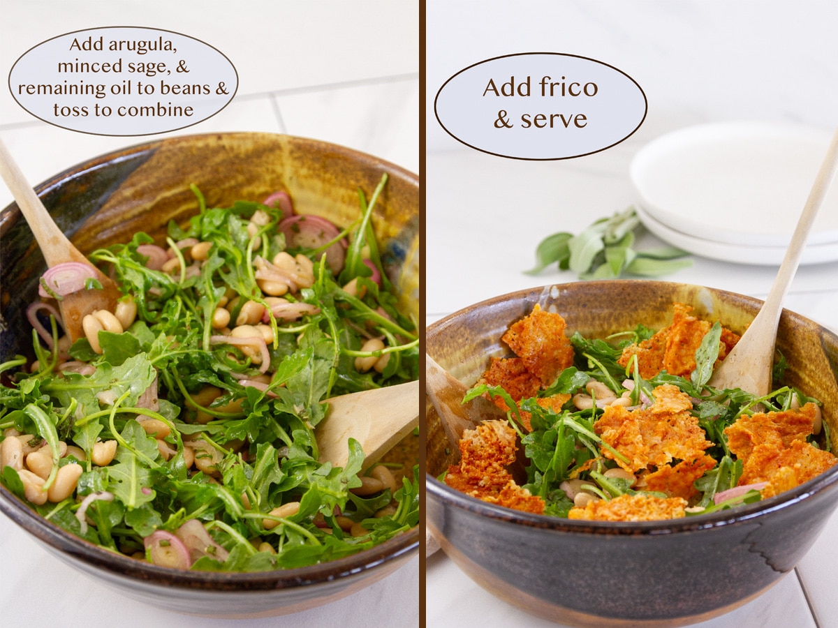 beans tossed into arugula in a large brown bowl on left and with added frico on right.