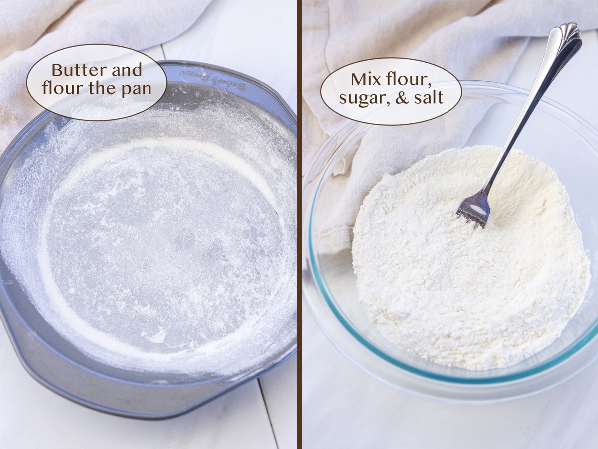 butter and flour the pan on left and mix the dry ingredients in a glass bowl on right.