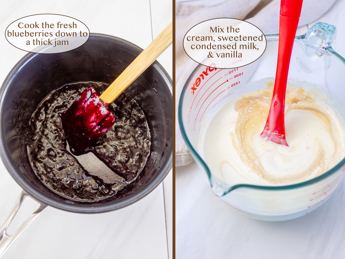 making blueberry jam on left and mixing vanilla ice cream ingredients in a glass cup on right.