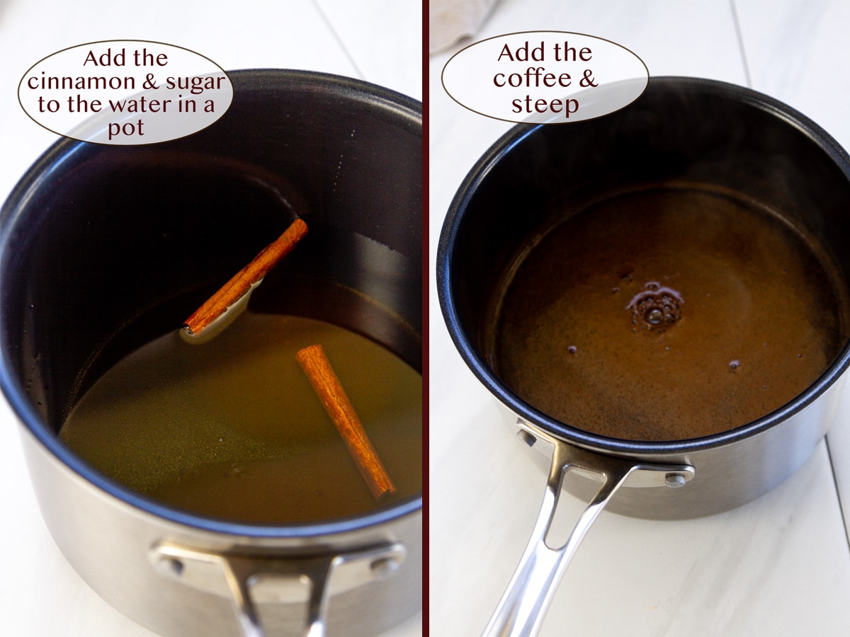 a saucepan with water, cinnamon sticks, and sugar in it on left and added ground coffee on the left.