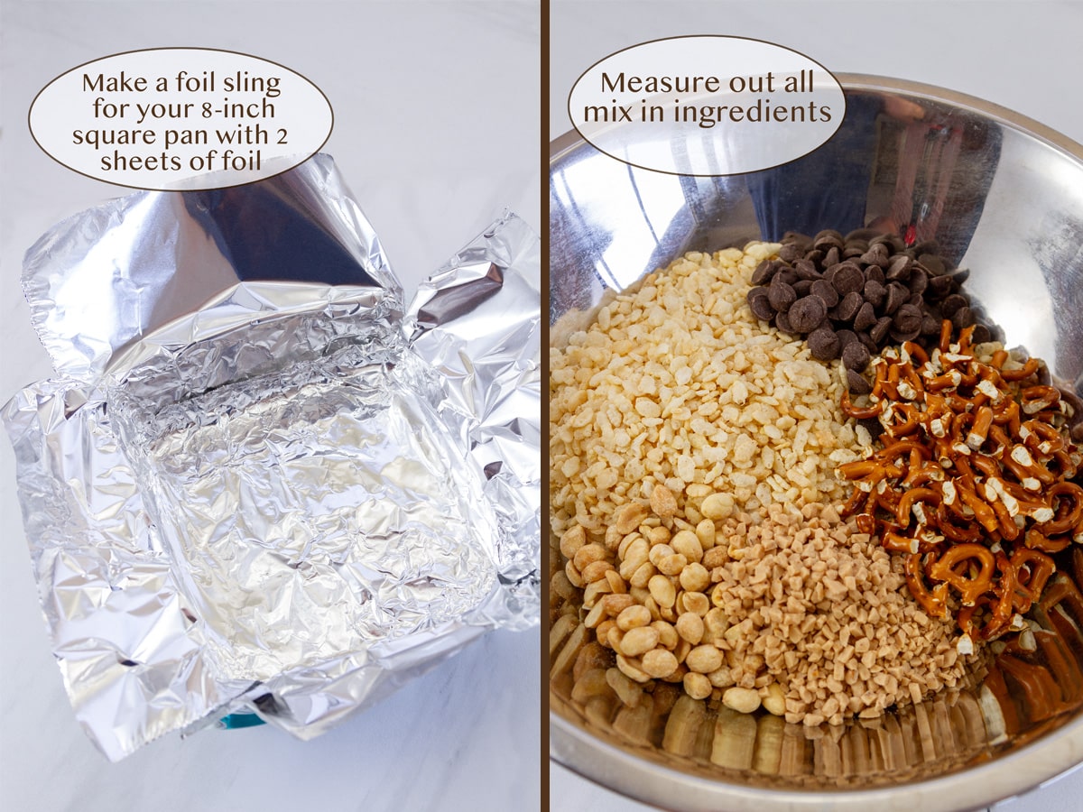 a foil sling in a square 8x8 baking pan on left and all ad-in ingredients in a bowl on right.