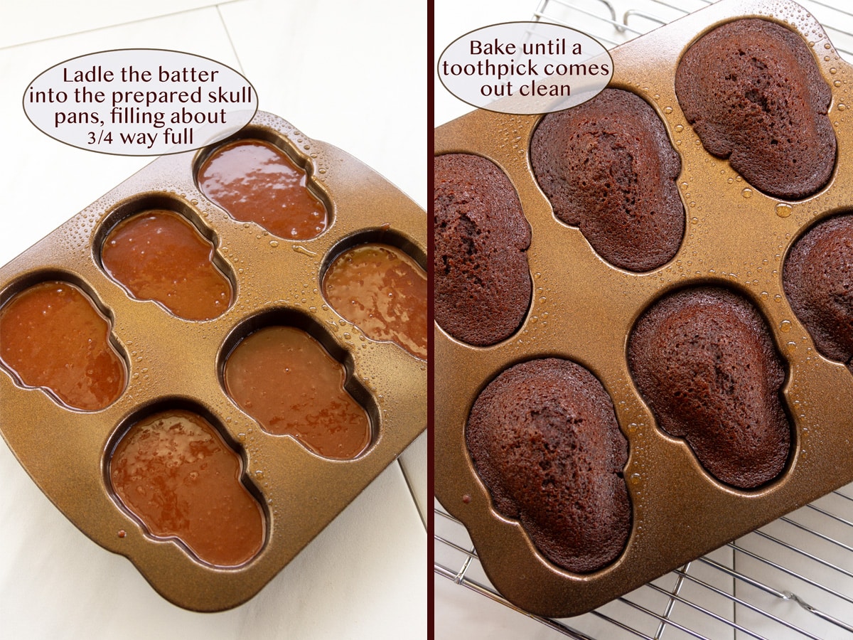 filling cake molds with cake batter on left and baked cakes on right.