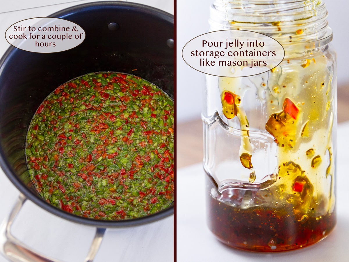 cooking pepper jelly on left and adding it to a glass jar on right.