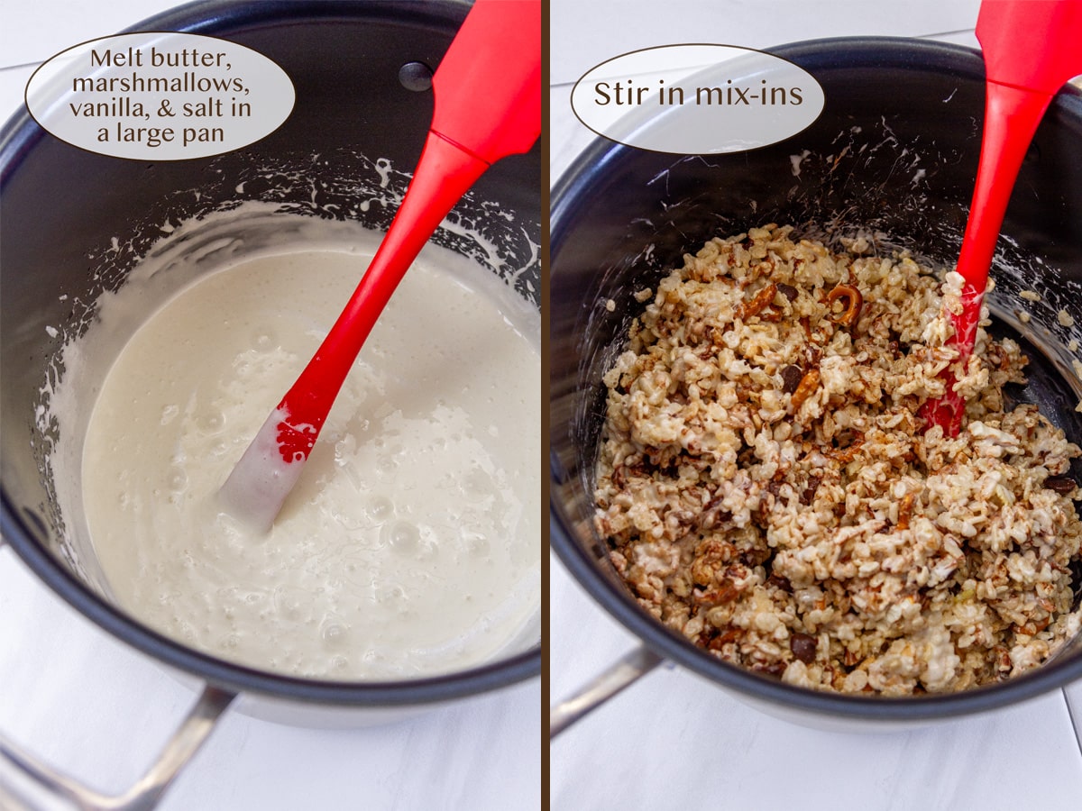 melted marshmallows on left and with the added rice cereal on right.
