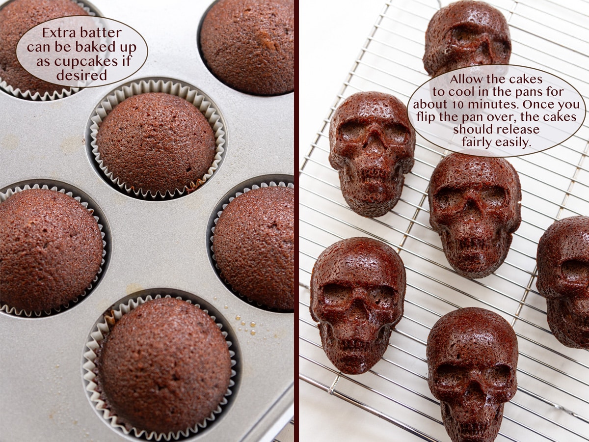 cupcakes on left and baked skulls on right.