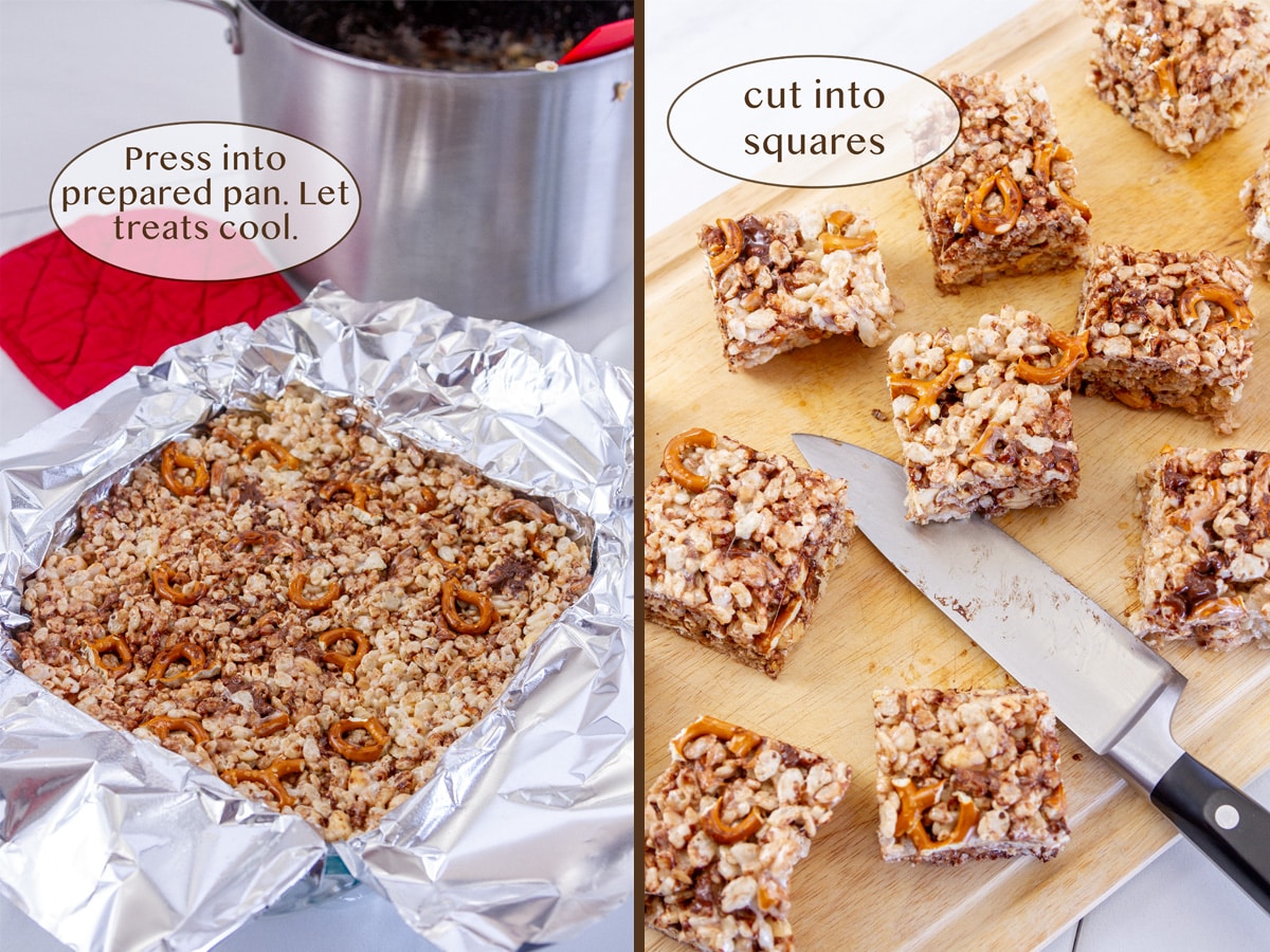 a pan of rice crispy squares on left and the treats being cut on right.