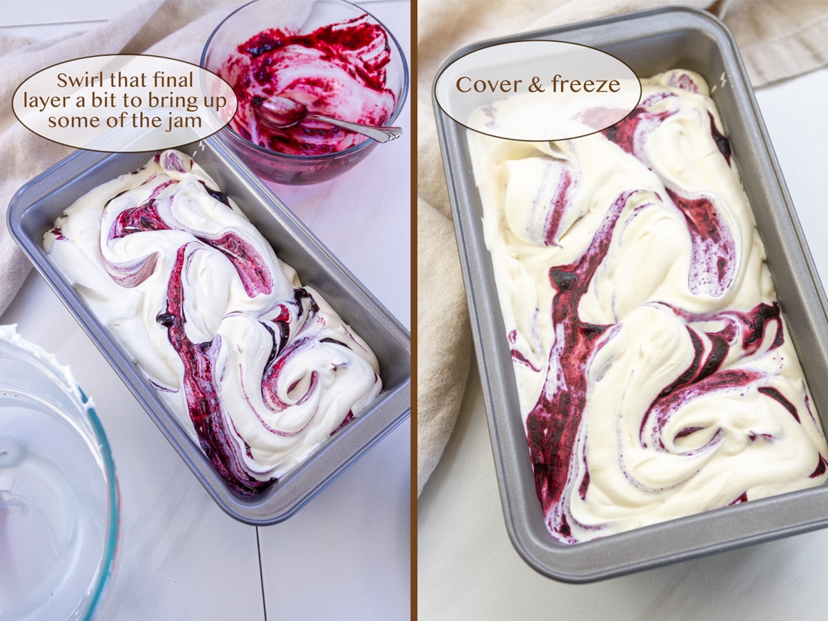 swirling the jam in the ice cream.