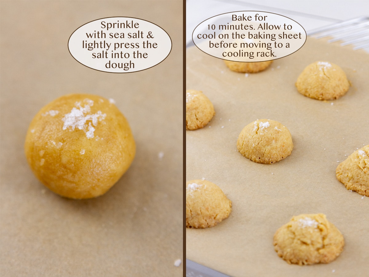 added salt on top of the cookie balls on left and baked cookies on a tray on right.