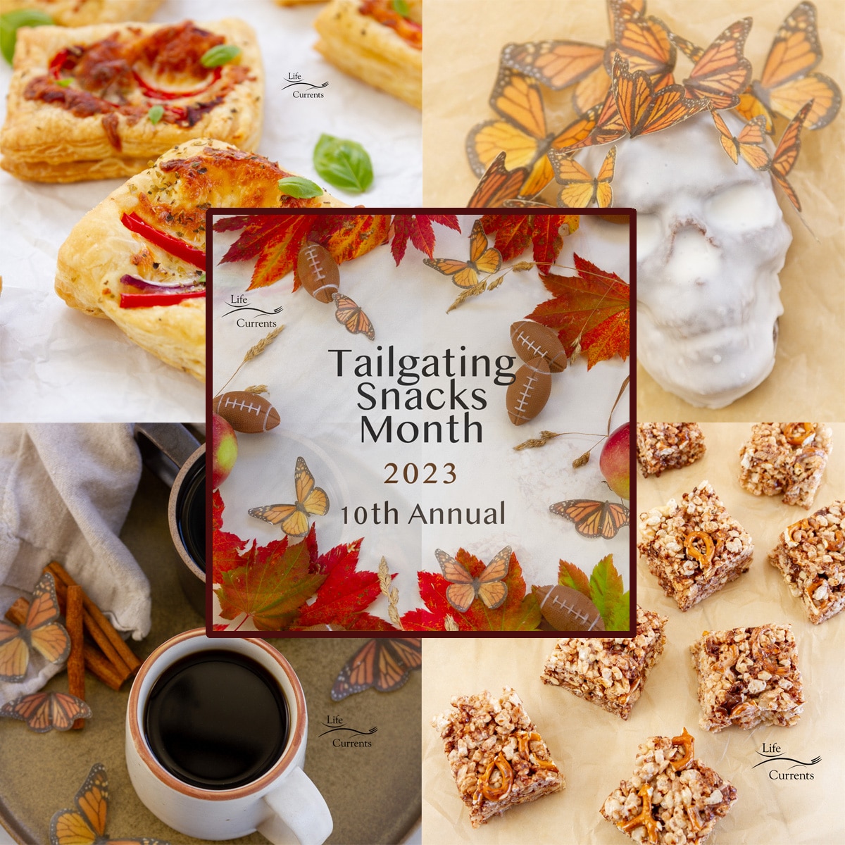 a collage of 5 images for Tailgating snacks and Day of the Dead recipes.