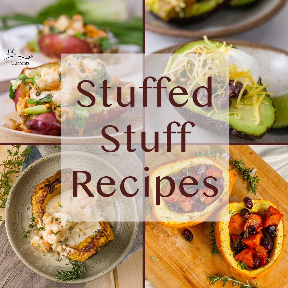 a collage of 4 images of stuffed foods.