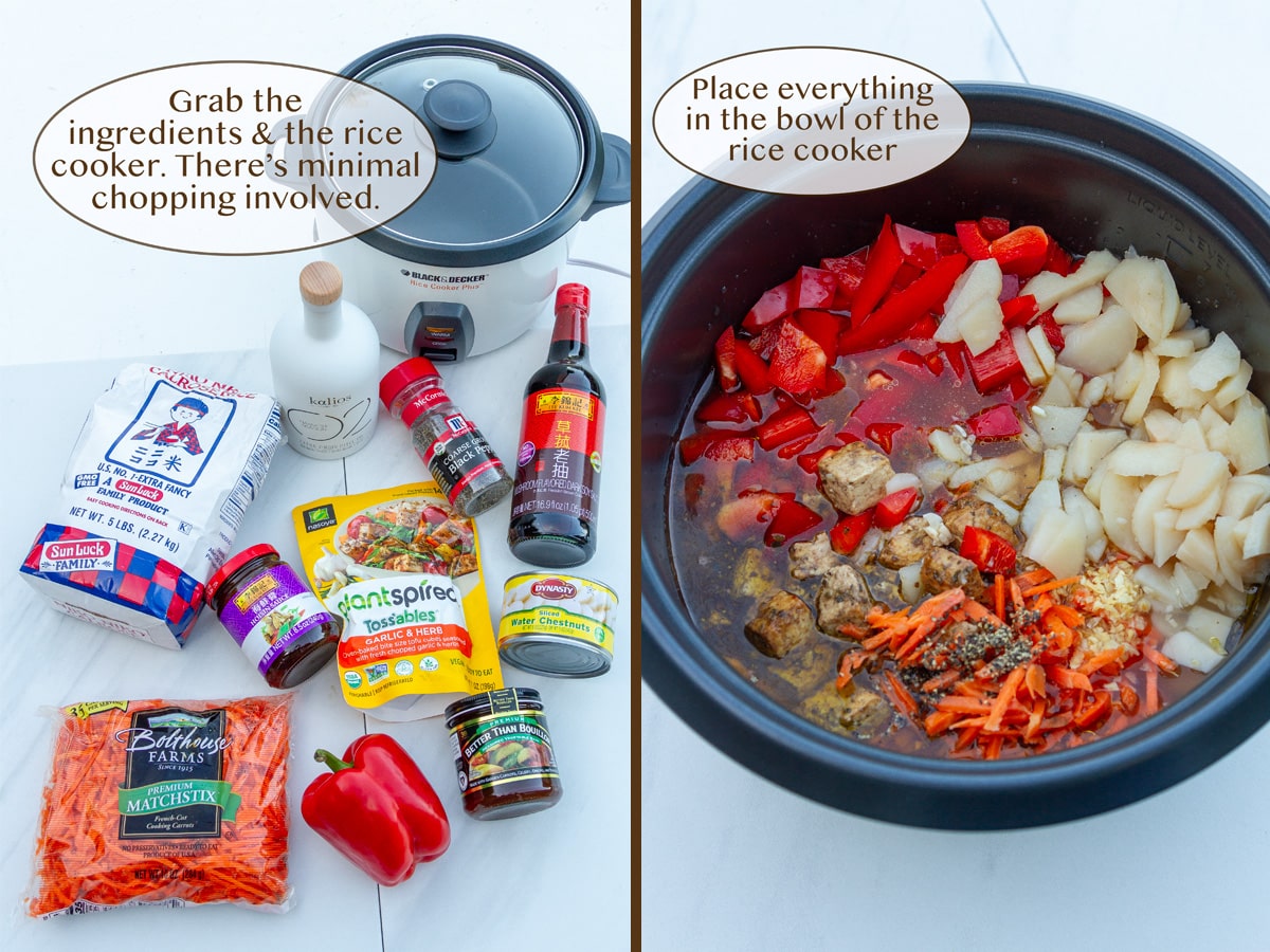 Rice Cooker Meal ingredients on left and added to the rice cooker on right.