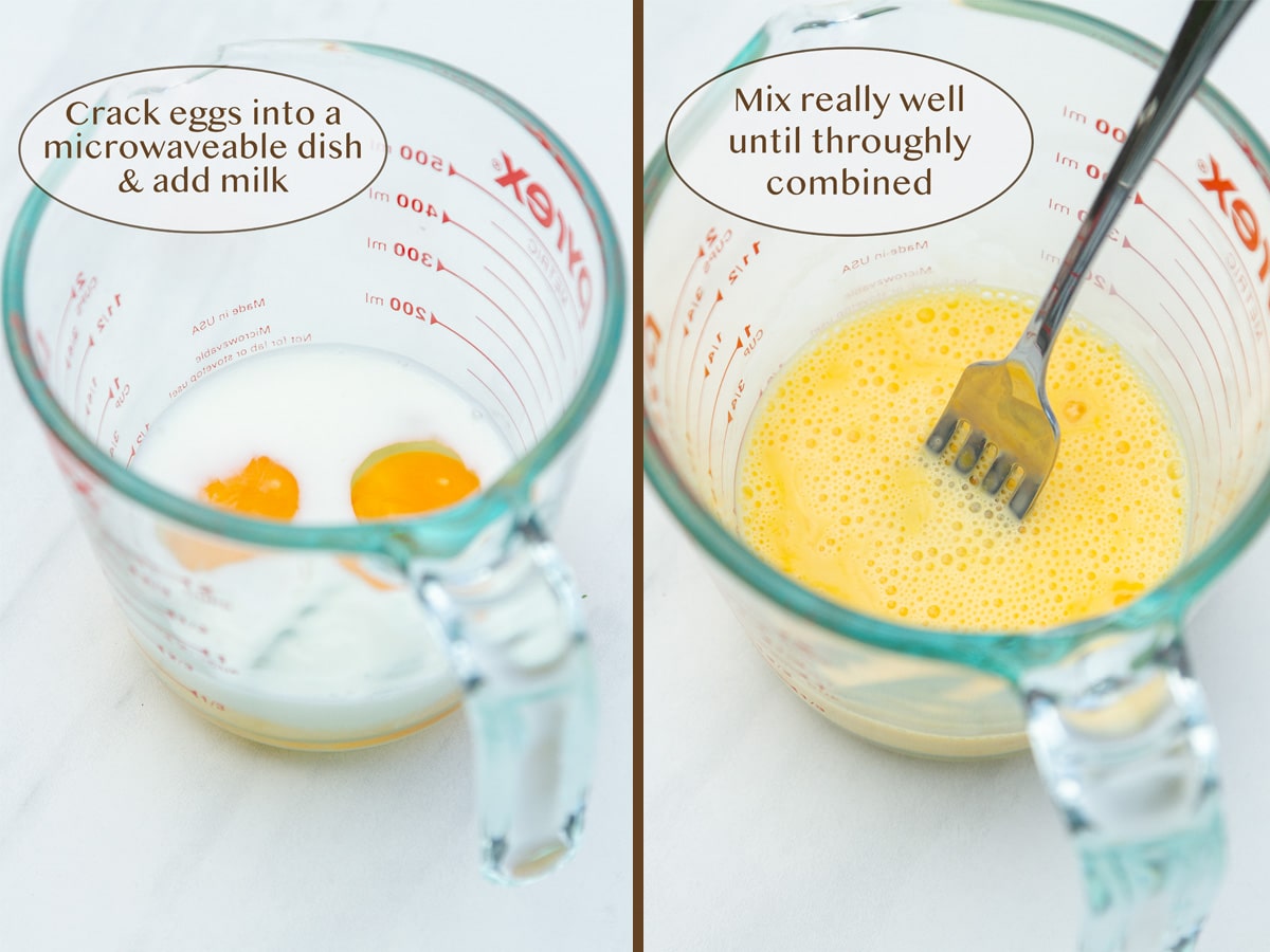 two cracked eggs in a measuring cup with milk on left and beaten on right.