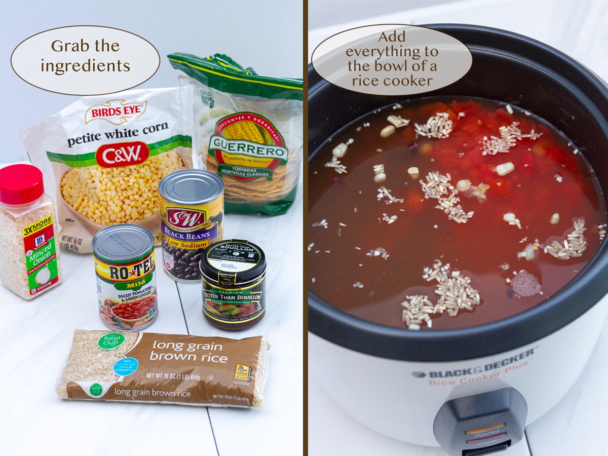 ingredients for tortilla soup on left and everything added to the rice cooker on right.