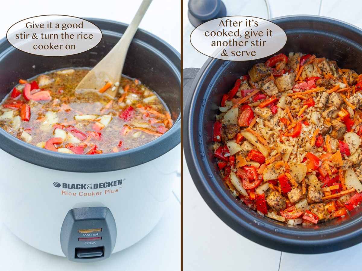 ingredients in a rice cooker on left and cooked on right.