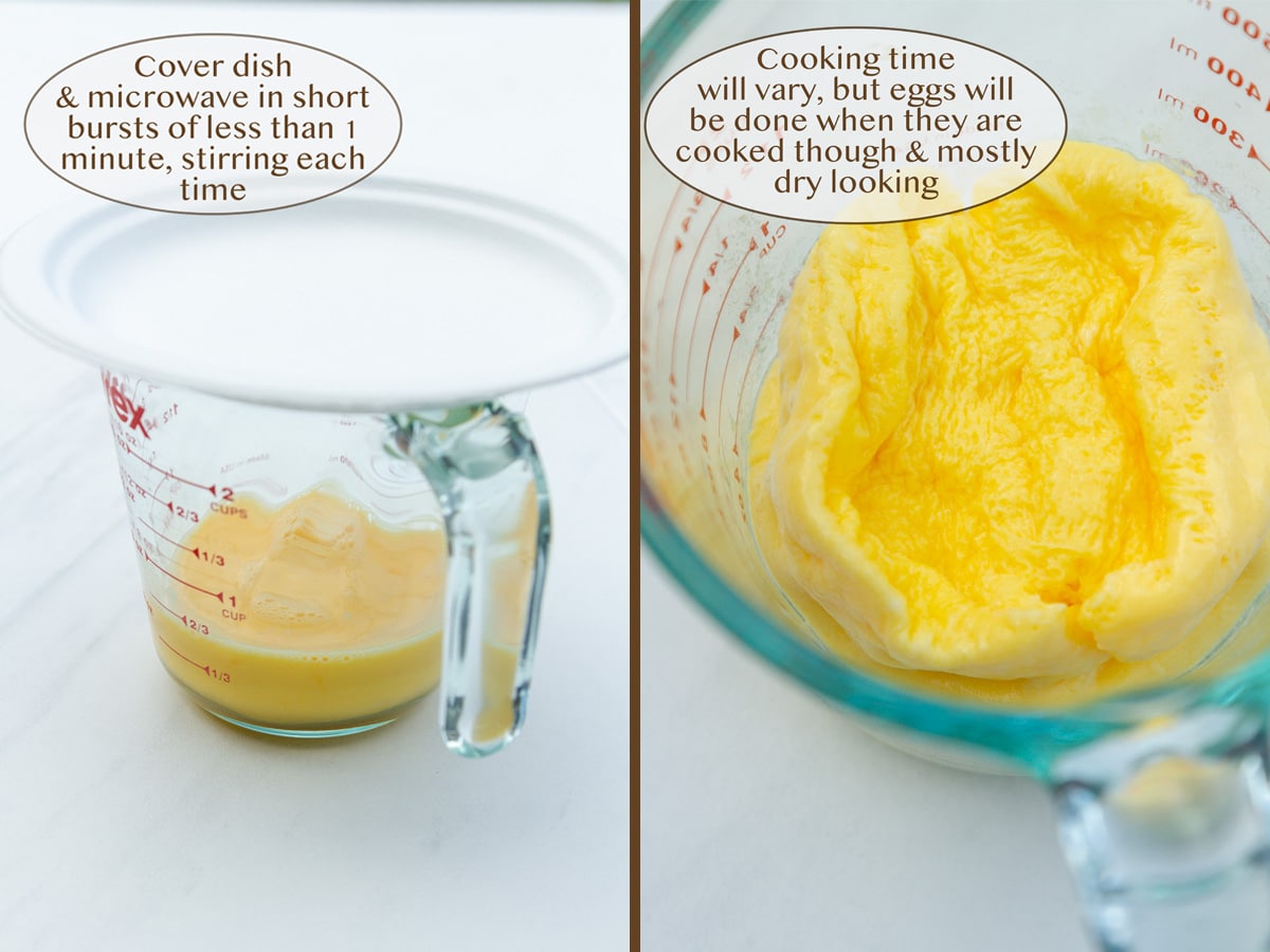 a measuring cup filled with beaten eggs and covered with a plate on left and cooked eggs on right.