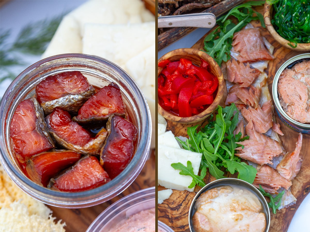 close up shots of tinned fish.