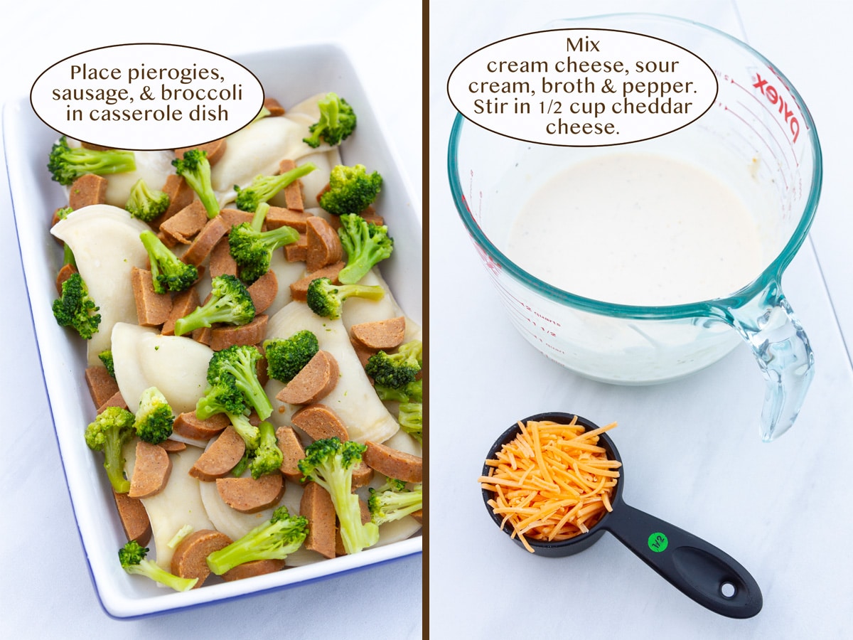 casserole dish layered with pierogi, broccoli, and sausage on left and cheese sauce in a bowl on right.