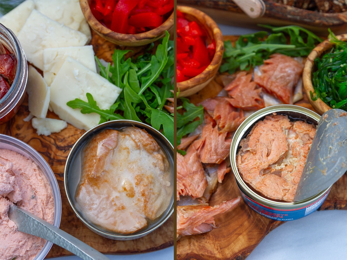 canned tuna on left and canned salmon on right.