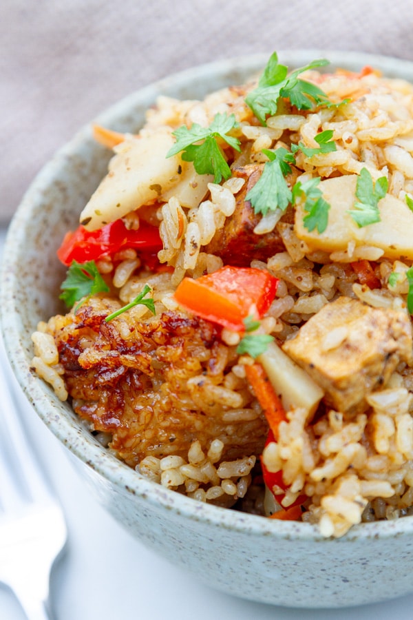 close up on a bowl of cooked rice with protein and vegetables topped with parsley.