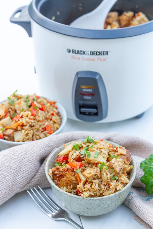tow bowls of cooked rice in front of a rice cooker.