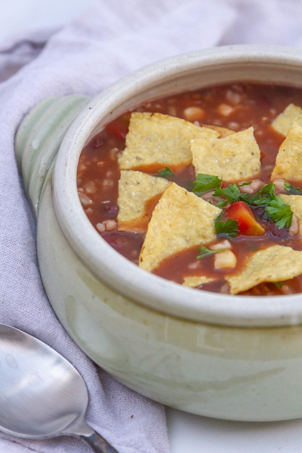  a bowl of soup topped with chips and a spoon on the left.