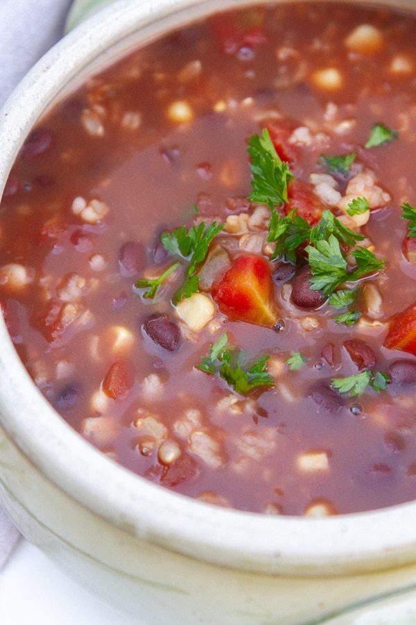 a bowl of soup with tomatoes, black beans, rice, and topped with parsley.