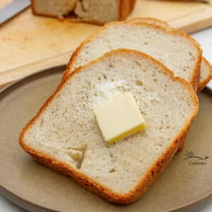 two slices of homemade bread one with a pat of butter on it on a brown plate.