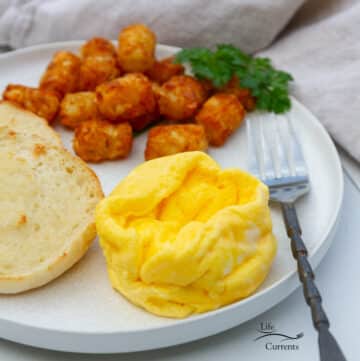 scrambled eggs on a plate with English muffin and tater tots and a fork.