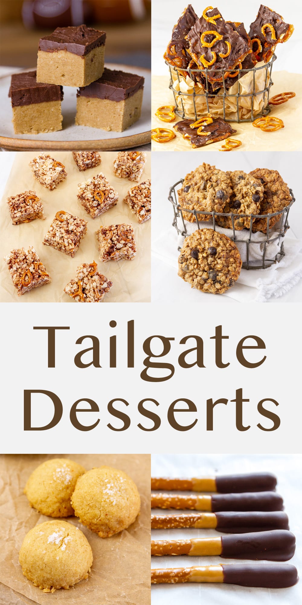 a collage of 6 tailgate dessert images with the title in the middle.