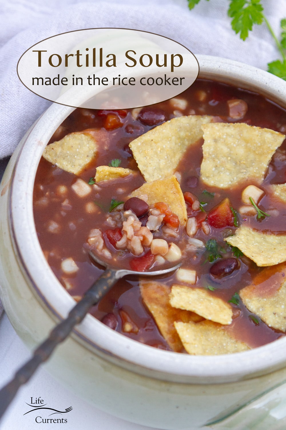 a bowl of tortilla soup topped with tostada shell chips and a spoon in the bowl.
