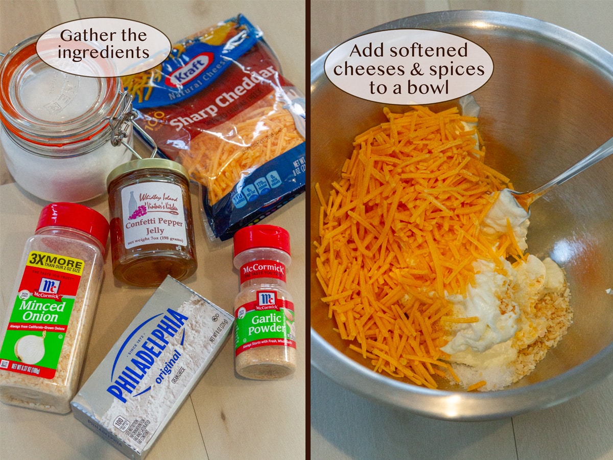ingredients on left and ingredients in a bowl on right.