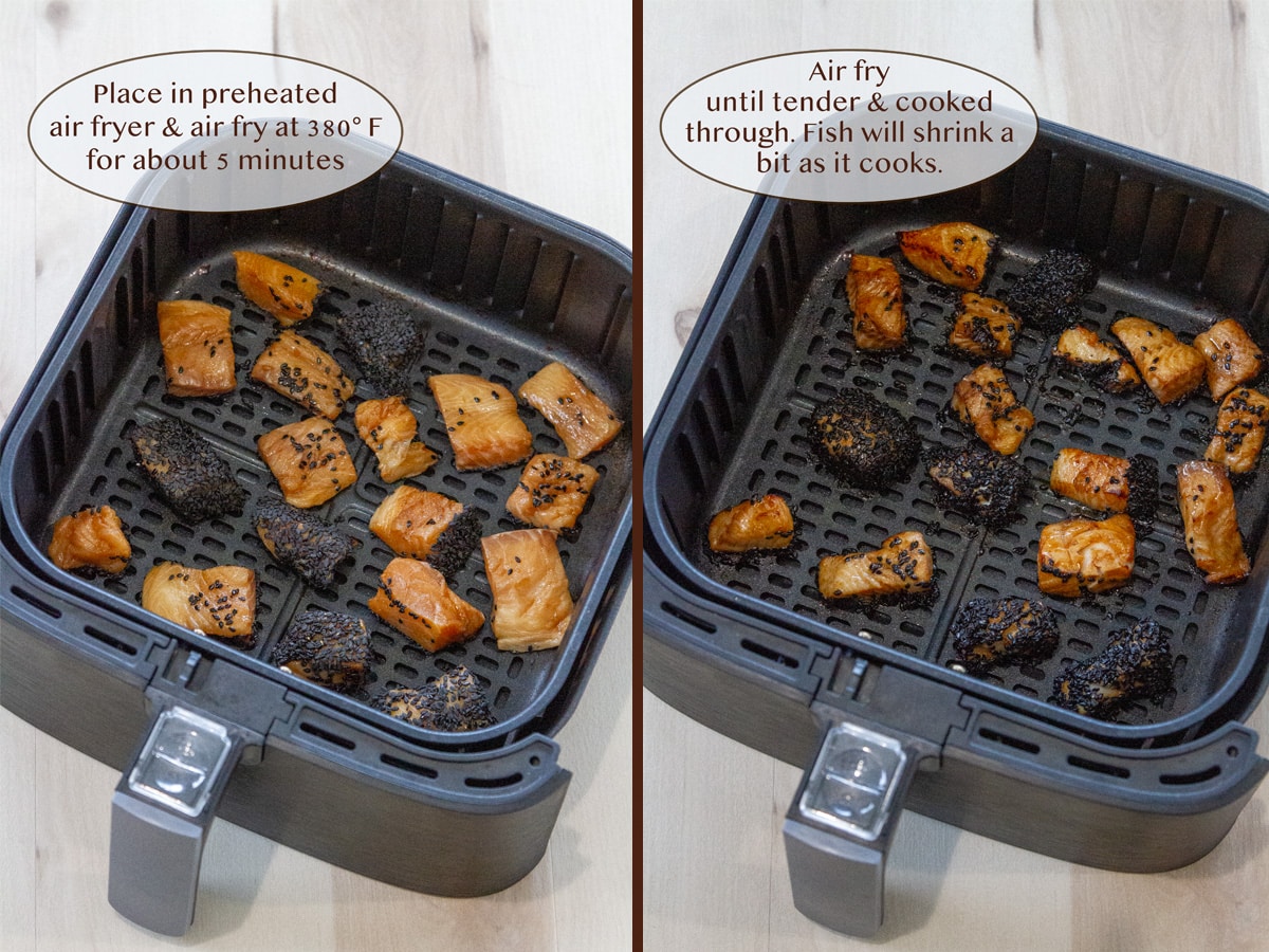 cod pieces in an air fryer basket raw on left and cooked on right.