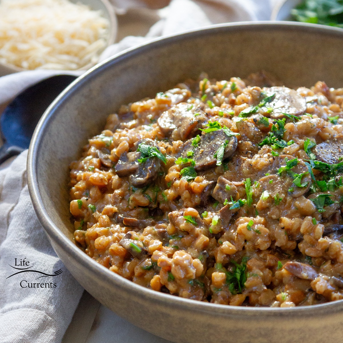 square crop of a brown bowl filled with cooked farro and mushrooms, a spoon to the left with a small bowl of grated Parmesan cheese.