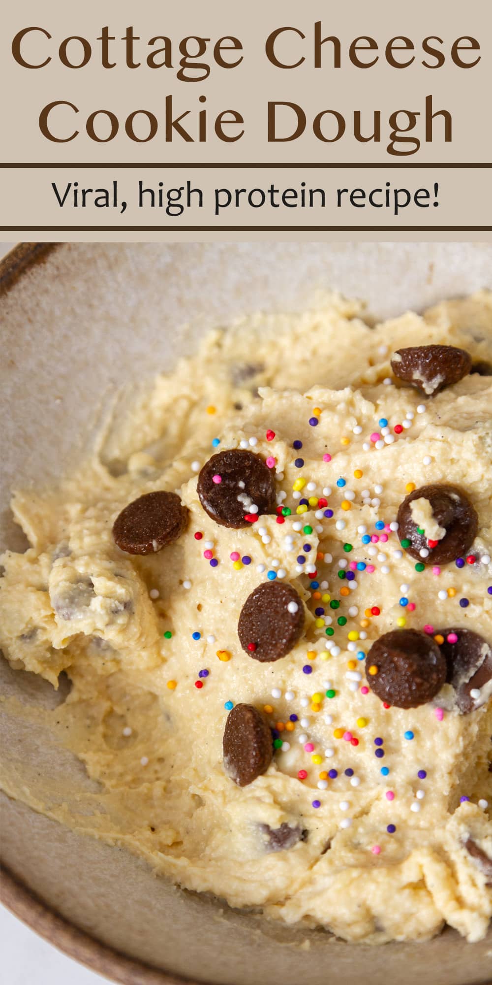 close up on cottage cheese cookie dough topped with sprinkles in a bowl.