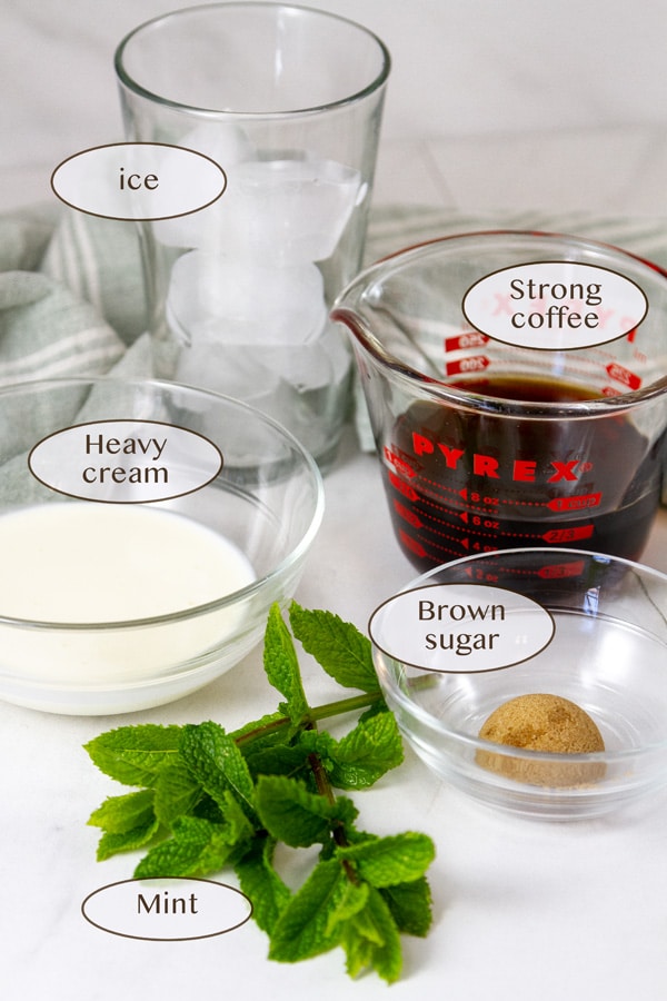 ingredients for a mint mojito coffee - ice, coffee, brown sugar, mint, and cream.