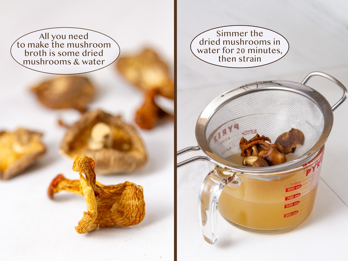 dried mushrooms on left and made into mushroom broth on right with the broth in a glass measuring cup and the cooked mushrooms in a strainer on top.