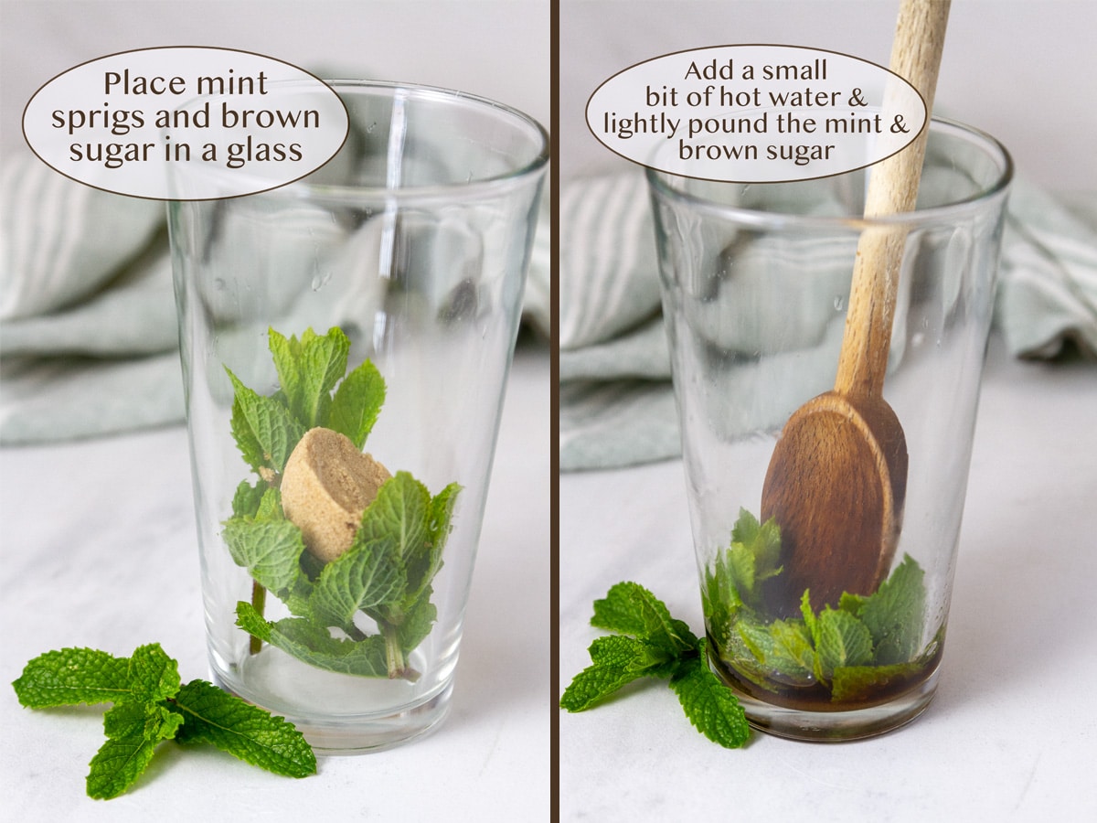 mint and brown sugar in a glass on left and with a wooden spoon to muddle on right.