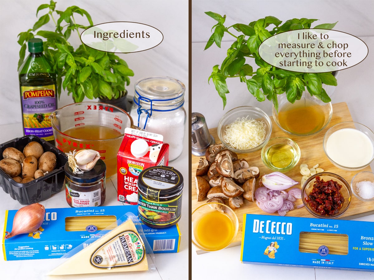 ingredients in packages on left and measured and chopped on right.