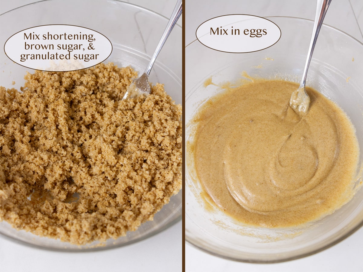 shortening mixed with sugars on left and with added eggs on right.